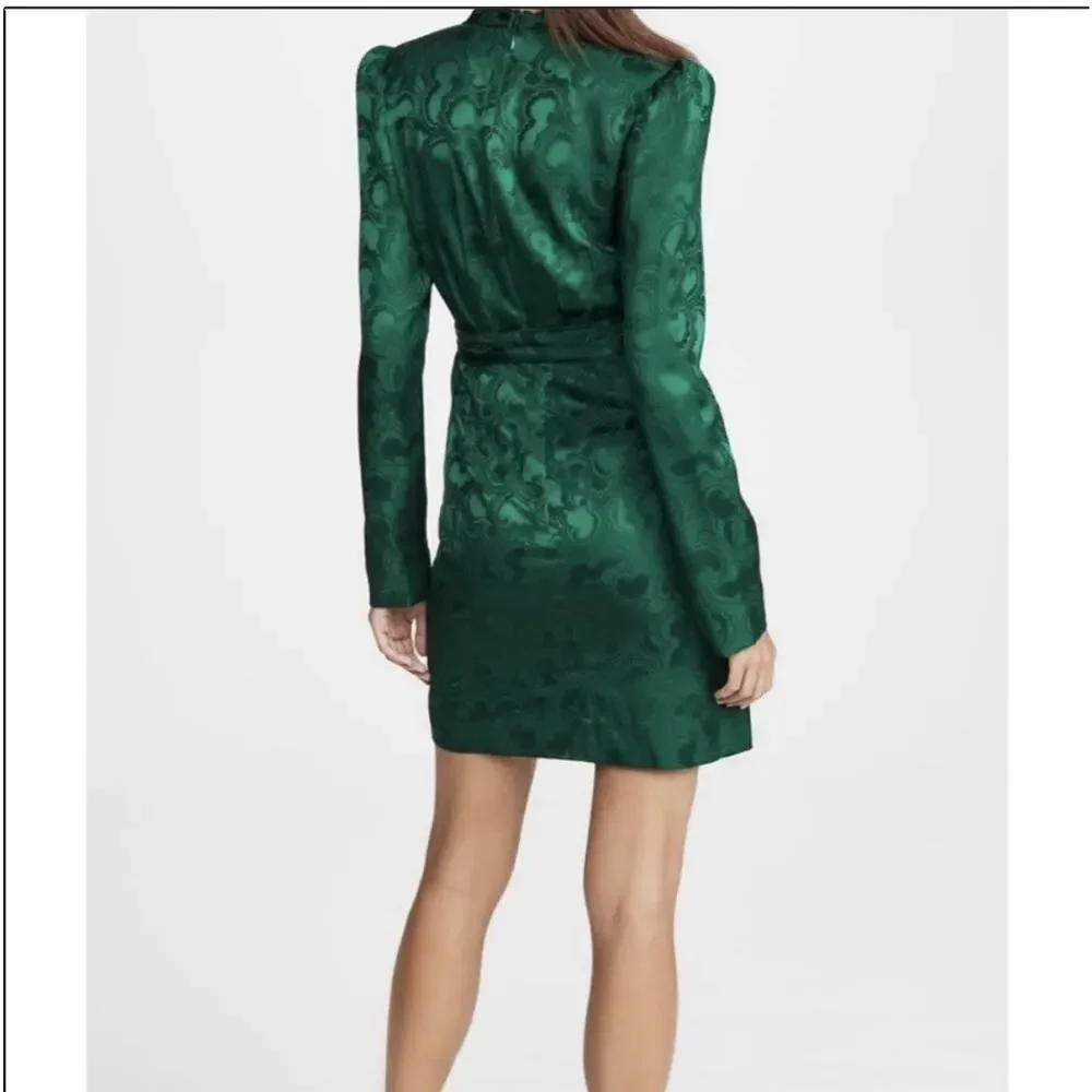 Saloni Bibi Mini Dress Green Silk Jacquard Long Sleeve Faux Wrap US 6 - Picture 2 of 14